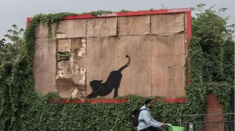 Banksy Osoba jadąca na rowerze obok graffiti przedstawiającego dużego kota rozciągającego się na drewnianym billboardzie