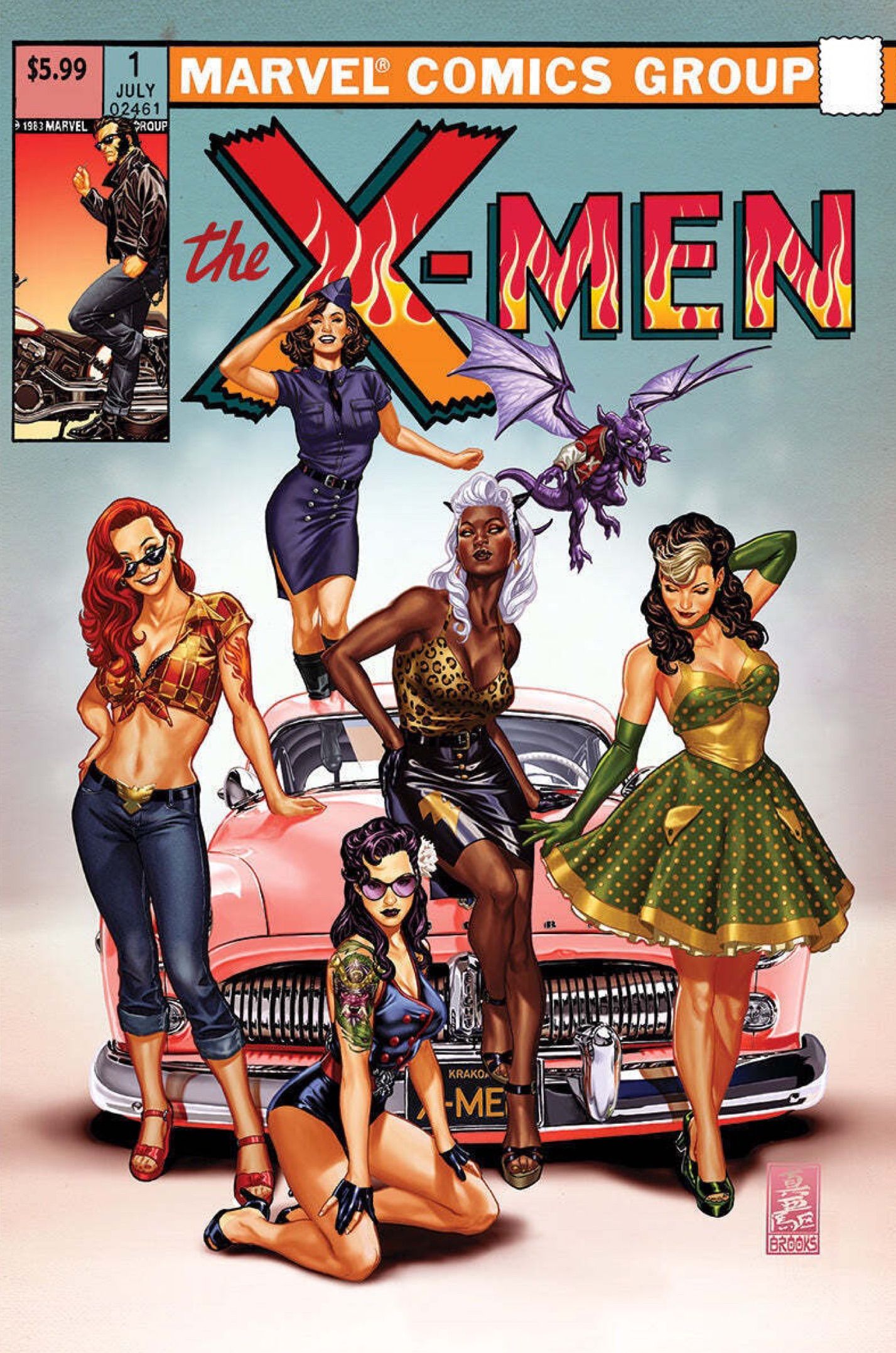 X-Men #1 SDCC Wariant Marka Brooksa ze Storm, Rogue, Jean Grey, Psylocke, Kitty Pryde i Lockheed 50s