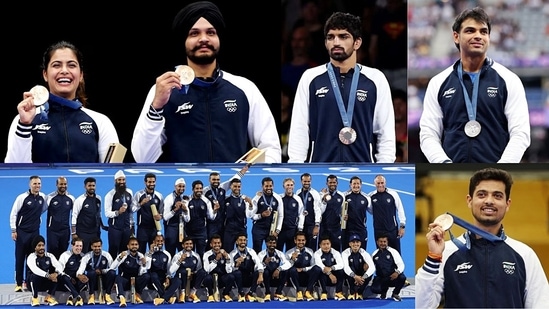 Zdobywcy medali dla Indii na Igrzyskach Olimpijskich w Paryżu 2024, srebro – Neeraj Chopra, brąz – Manu Bhaker, Manu Bhaker & Sarabjot Singh, Swapnil Kusale, indyjska drużyna hokejowa, Aman Sehrawat, w sobotę (Doordarshan Sports – X)