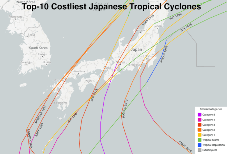 Mapa pokazująca trasy 10 najdroższych japońskich cyklonów tropikalnych