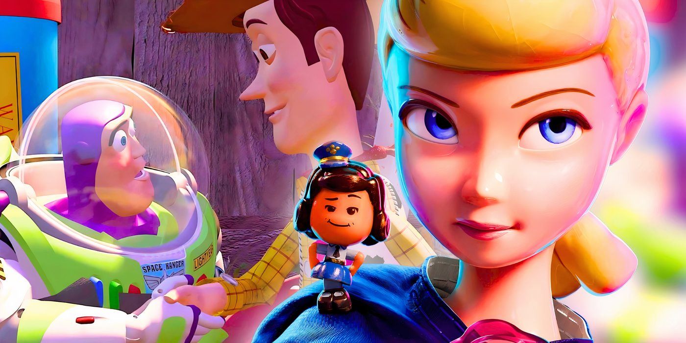 Bo Peep wygląda poważnie w Toy Story 4, a za nią Woody i Buzz ściskają sobie dłonie w Toy Story