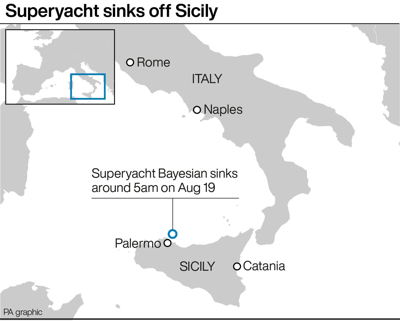 Mapa pokazująca miejsce zatonięcia bayesowskiego superjachtu u wybrzeży Sycylii