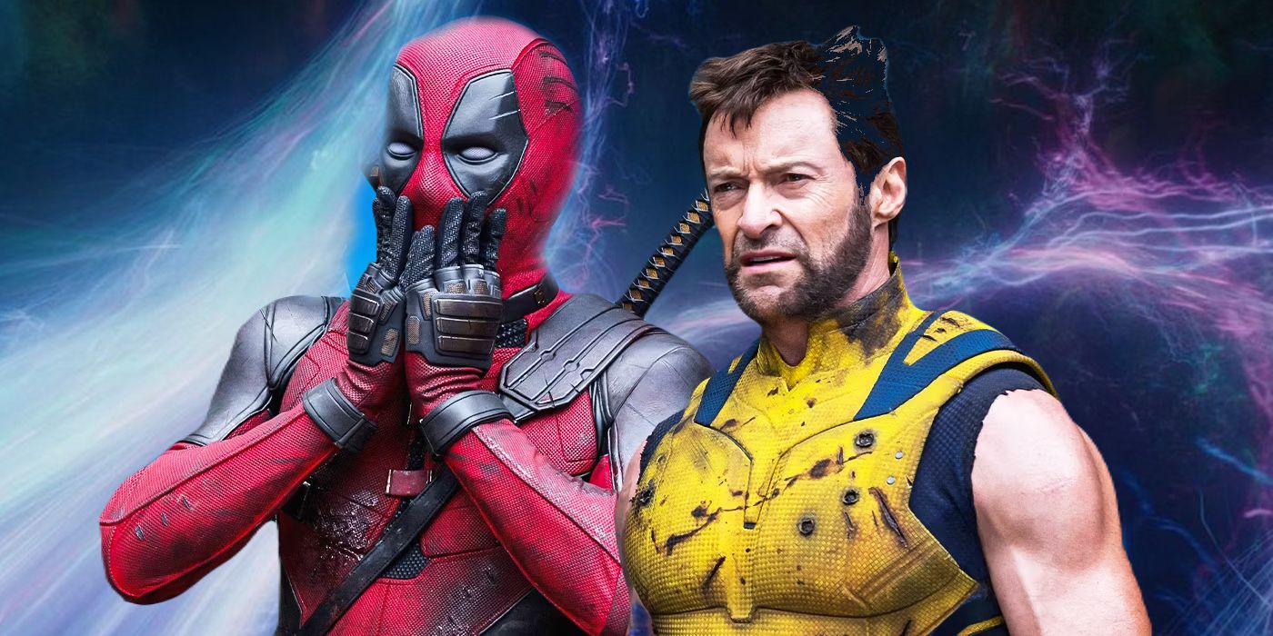 Deadpool (Ryan Reynolds) i Wolverine (Hugh Jackman) wyglądają na zdezorientowanych na tle obrazu multiwersum