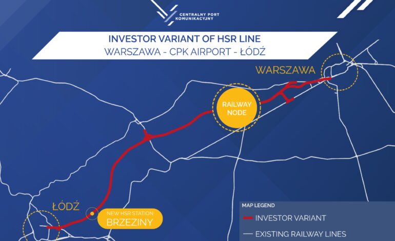 Mapa Polski pokazuje zatwierdzone trasy kolei dużych prędkości dla megaprojektu o wartości 8 miliardów dolarów