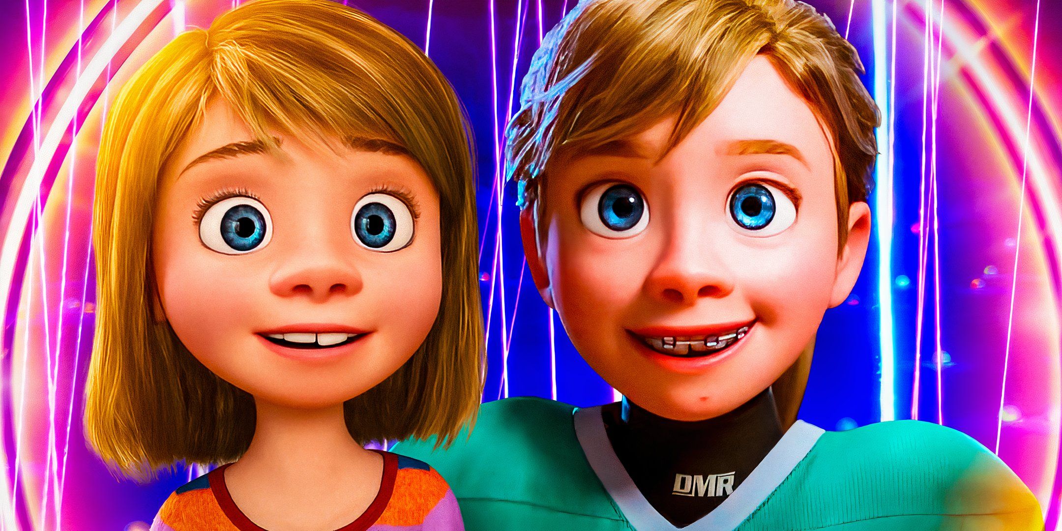 Kolaż Riley wyglądającej na podekscytowaną w filmach Inside Out i Inside Out 2