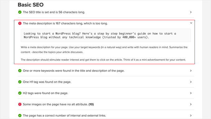 Podstawowy raport SEO w SEO Analyzer